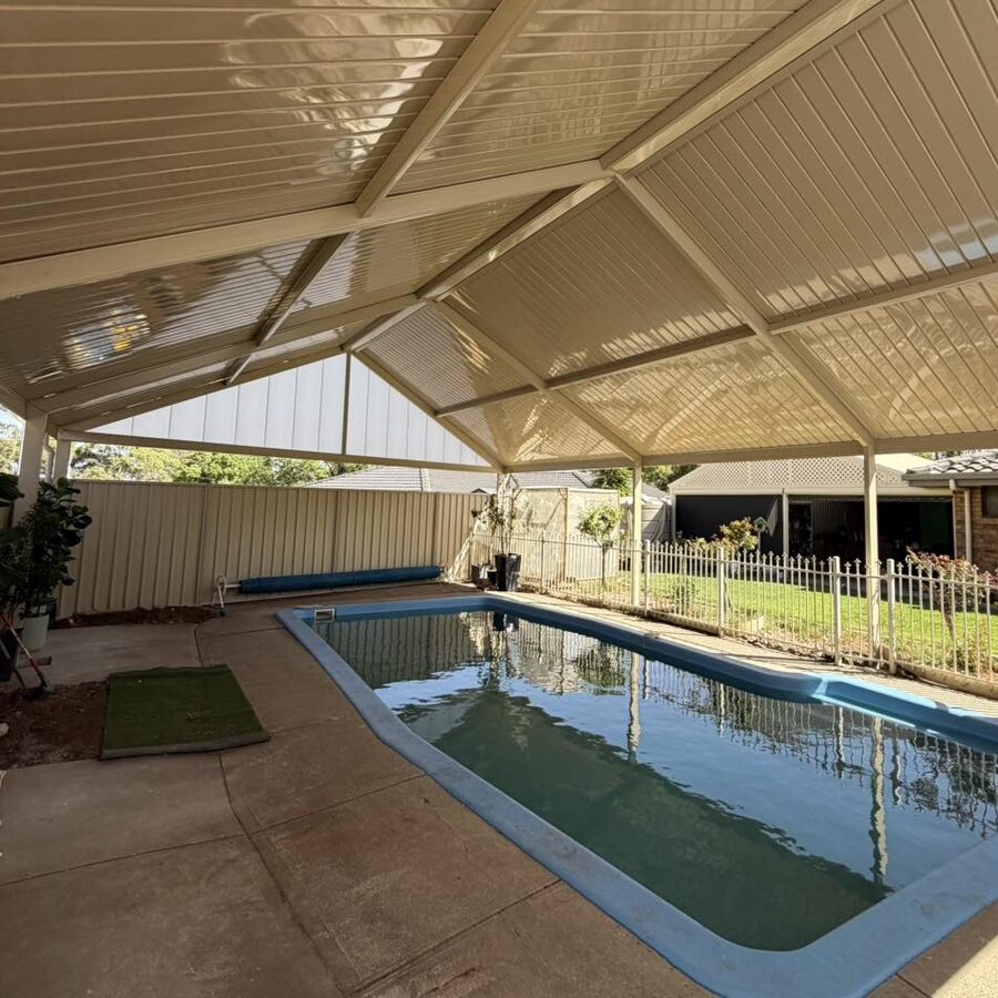 Wide gable patio beside pool